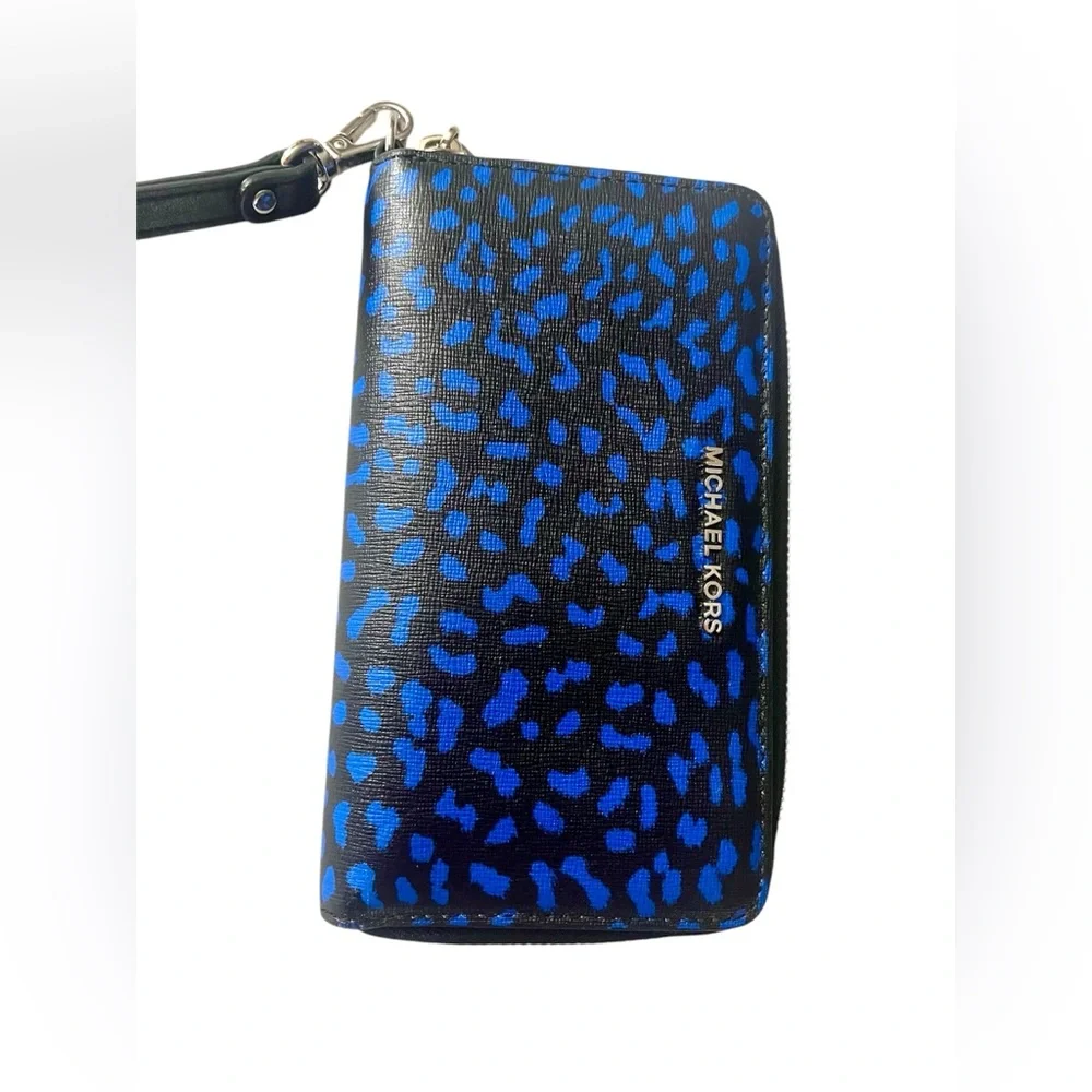 Michael Kors Blue and Black Leopard Print Tote with Wristlet and Strap - Picture 8 of 10